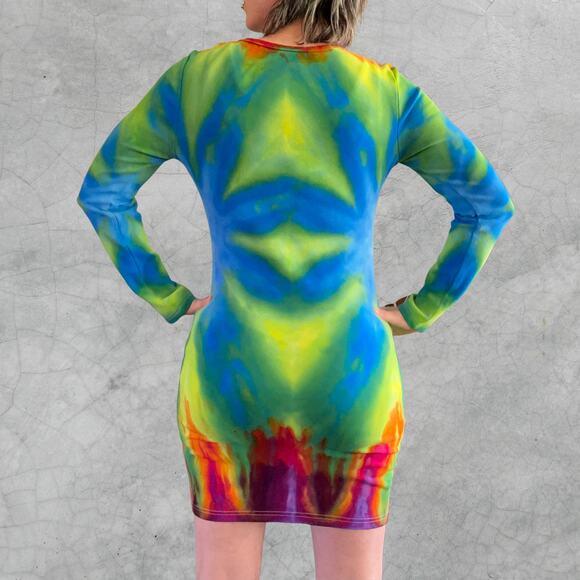 Ice Dyed Bodycon Dress - Long-sleeve Night Out - Hippie Boho Women's XLarge - Picture 4 of 11